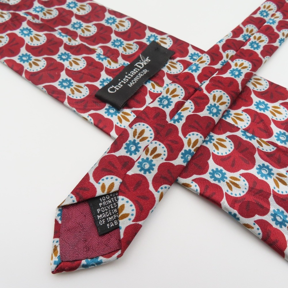 Christian Dior Tie Silk Red Blue Floral Polka Dot 3.75" Wide 56" Long Polyester - Picture 6 of 7